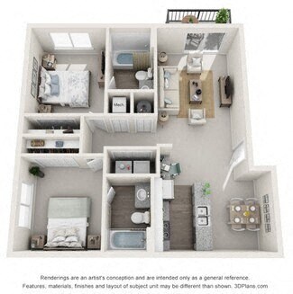 Floor plan for 2 beds, 2 baths, 935 sqft